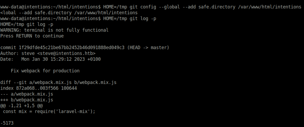 HTB - Intentions git log -p