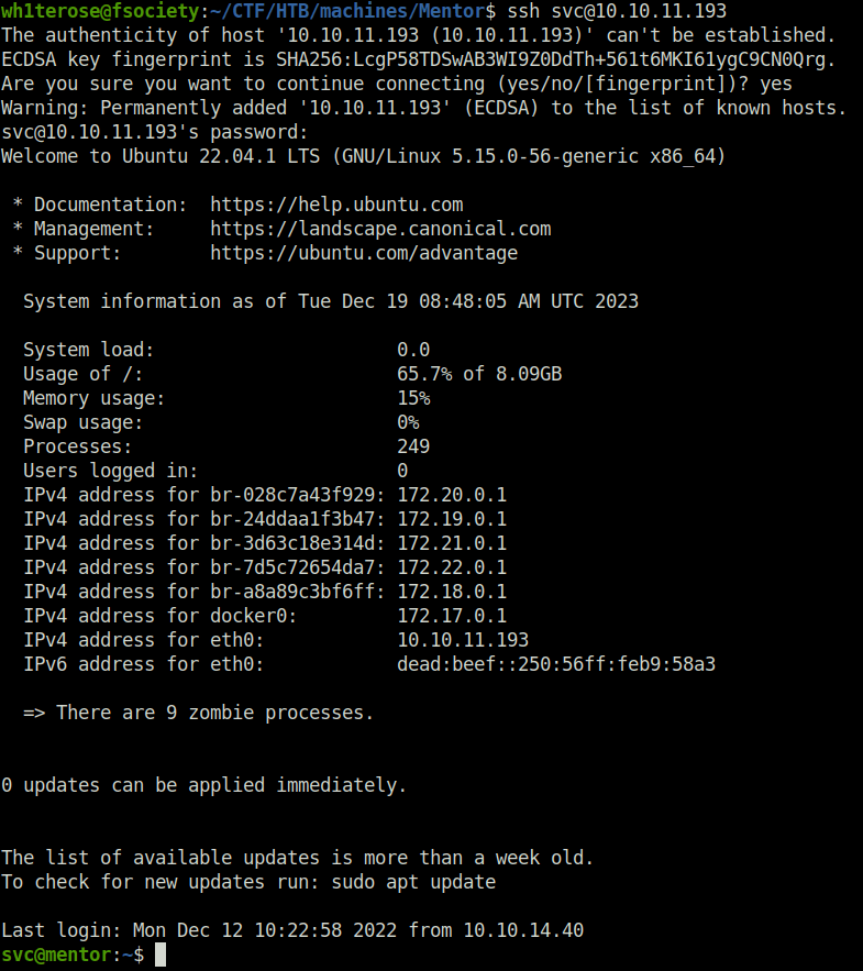 HTB - Mentor logged into target via SSH