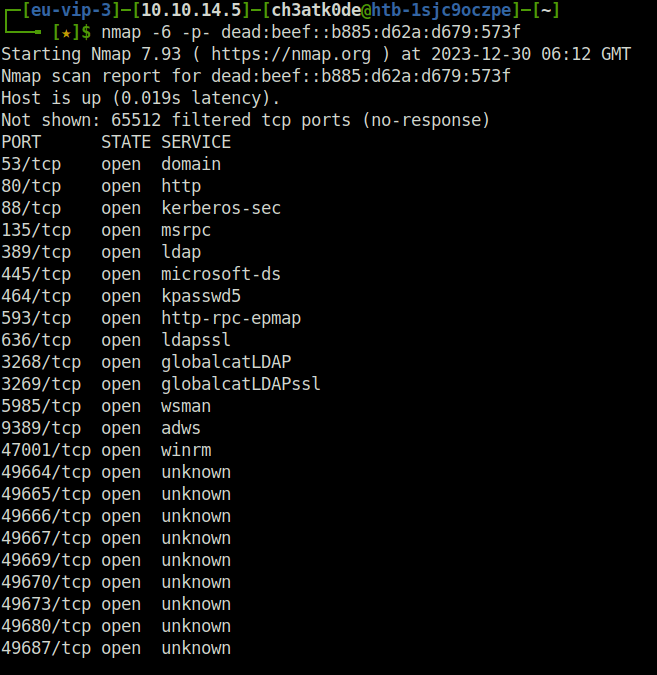 HTB - APT IPv6 nmap scan
