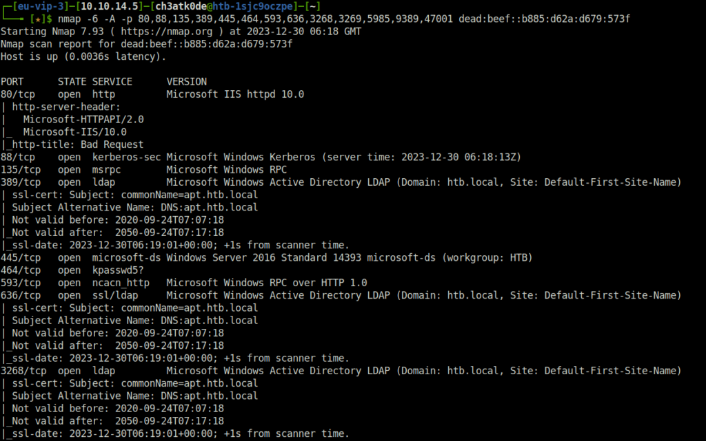 HTB - APT IPV6 aggressive scan