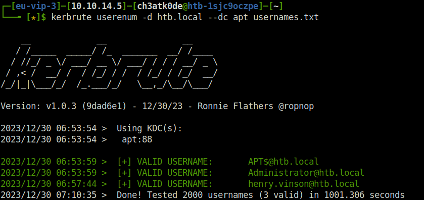 HTB - APT kerbrute output