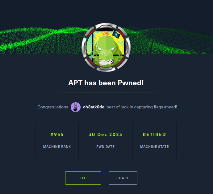 HTB - APT machine completed