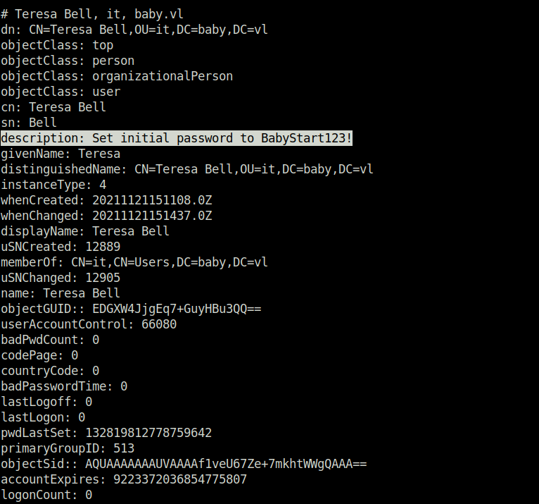 Vulnlab - Baby Got password of Teresa Bell